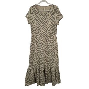 Mata Traders XL Zebra Print Organic Cotton Midi Dress Tan Brown Stretch Boho